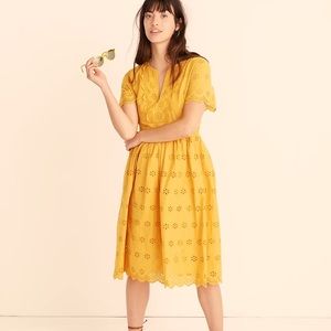 Madewell scalloped eyelet midi dress, yellow, size 4.